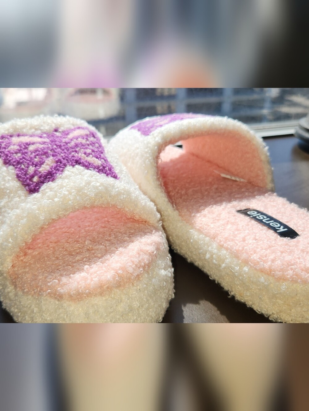 Cozy Cream & Pink Butterfly Slippers Size 8.